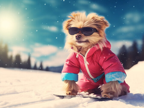 Small dog wearing a red jacket and sunglasses on a snowboard.