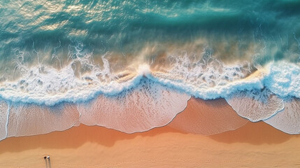 Fototapeta na wymiar Overhead Aerial View of an Hombre Beach with Blue, Coral, and Pink Gradient Aesthetic - Ocean Waves Crashing on Sand - Generative AI