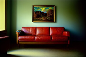 A Red Couch Sitting In A Living Room Next To A Window