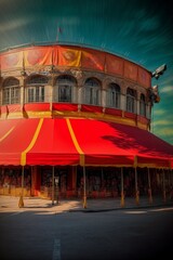 A Red And Yellow Awning In Front Of A Building