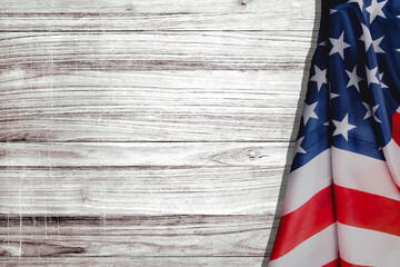 American Flag Over Whitewashed Wood Background For United States Holidays. Memorial Day, Veterans...
