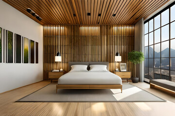 Fototapeta na wymiar Luxury Wooden Resort Hotel Bed