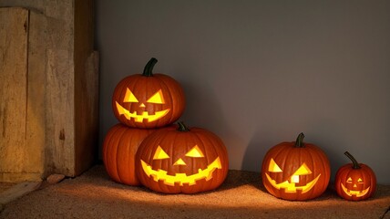 Obraz premium A Group Of Carved Pumpkins Sitting On Top Of A Floor
