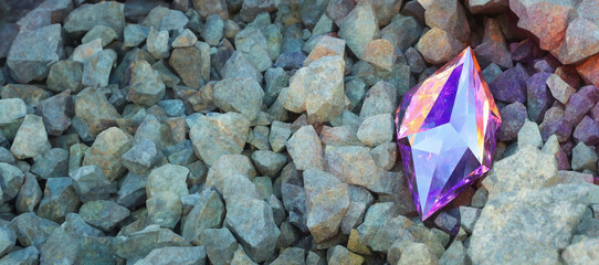 Colorful precious gemstone jewel among aquamarine sea rocks background