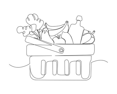 Continuous one line drawing of Grocery basket. Vegetables, fruits and bread in the grocery baske. Grocery food basket  line art vector illustration. Packaging, expedition and shipment concept.  Editab