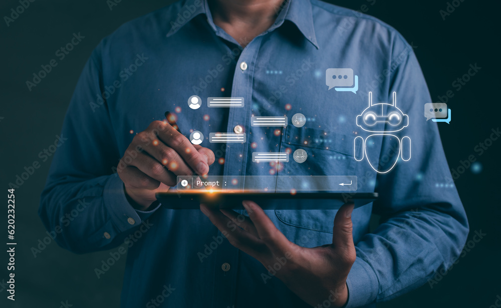 Poster technology and people concept for man use ai to help work, ai learning and artificial intelligence c