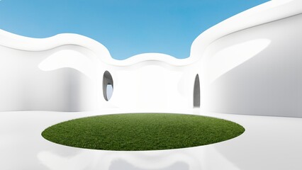 Abstract architecture background white curved building with lawn 3d render