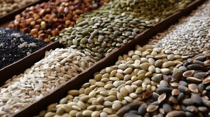 Obraz premium Variety of spices herbs and grains in the market closeup. Generative AI