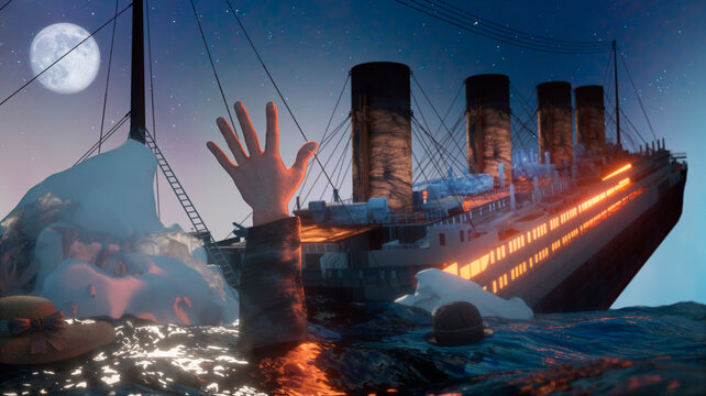 Reconstruction of the wreck of the Titanic liner crash about Iceberg render 3d