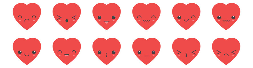 Cartoon heart shape emoji with different mood vector illustration collection