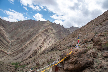 The beautiful views of Colorful Tibetan prayer flags on Hemis Monastery