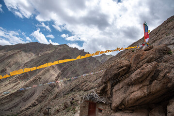 The beautiful views of Colorful Tibetan prayer flags on Hemis Monastery