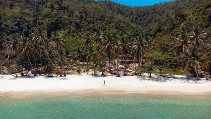 Piękna rajska plaża z białym piaskiem, palmami i turkusową wodą, osoba idąca po wybrzeżu.