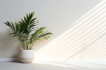 Fototapeta premium Plant and vase in the interior, Minimalistic light background (Ai generated)