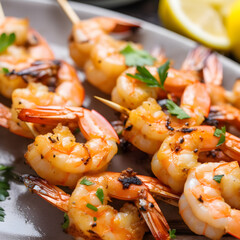 Fried grilled shrimp with lemon and parsley. Generative AI