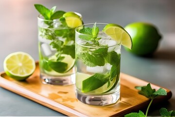 Fototapeta premium Mojito with mint leaf and lime juice (Ai generated)