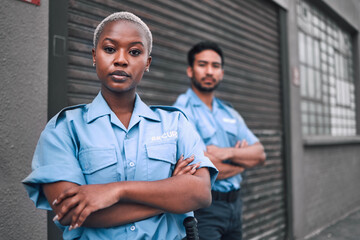 Portrait of black woman, security guard or arms crossed of safety officer, protection service or...