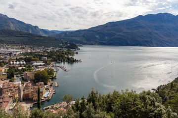 Riva del Garda and Garda Lake view from the nearby mountain Cima Valdes. Torbole, monte brione and lago di garda.