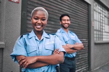 Team, security guard or safety officer portrait on the street for protection, patrol or watch. Law enforcement, smile and duty with a crime prevention unit man and woman in uniform in the city - obrazy, fototapety, plakaty