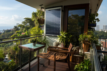 Fototapeta premium Solar system, solar power plant Solar panels on a balcony Balcony power plant, ai generated
