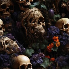 Eerie Halloween Skulls, Spooky Seamless Patterns in Dark and Gothic Oil Paintings