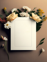 Vertical white blank of paper top view mockup with blossom flowers. Bloom garden floral for template of flat wedding invitation, greeting card. Generative AI
