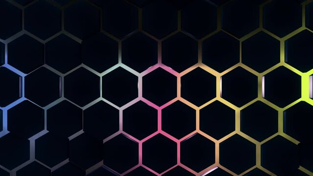 3D render futuristic animated background from hexagon shapes with neon back lighting, minimal diamonds grid tiles pattern with random objects displacement, 4K live wallpaper