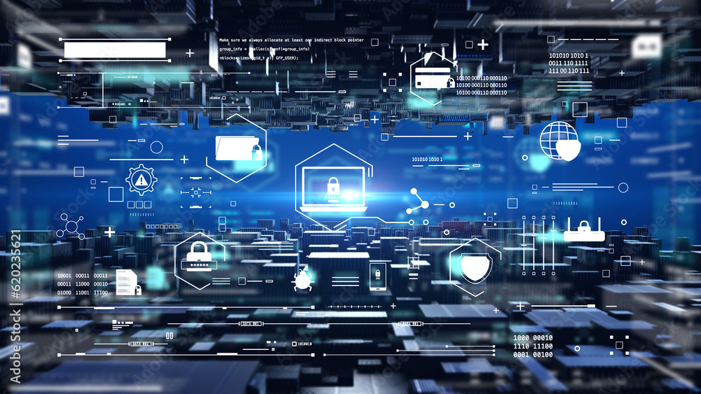 Poster cyber security digital data security for business, computer, network illustration. icon of privacy p