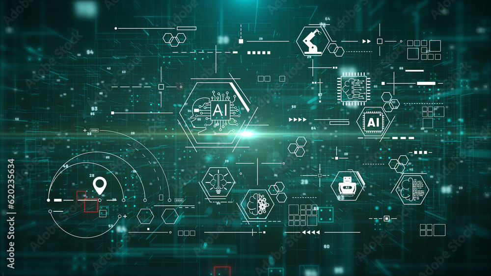 Poster AI artificial intelligence big data science information technology concept. Digital technology design illustration background.