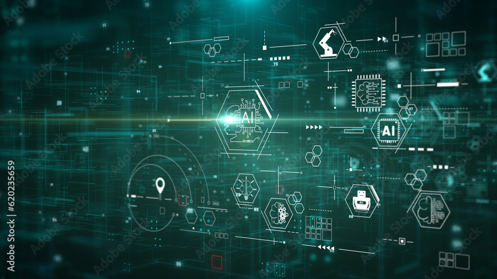 Poster AI artificial intelligence big data science information technology concept. Digital technology design illustration background.