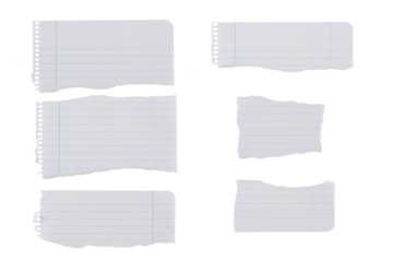 Trozos de hojas de cuaderno blanco rayado recortadas sobre fondo blanco, recurso gráfico