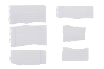 Fotobehang Macrofotografie Trozos de hojas de cuaderno blanco rayado recortadas sobre fondo blanco, recurso gráfico