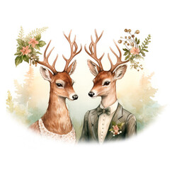 Watercolor deer couple in love. Hand painted card design with fawn and forest graphic frame isolated on white background. Vintage style illustration
