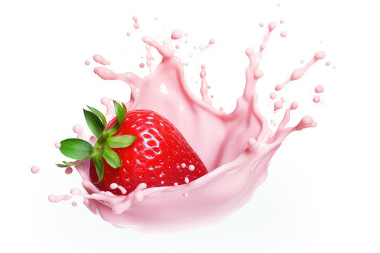 Closeup of pink milk splash and ripe fresh red strawberries isolated on white background. Pink liquid in motion, milky strawberry shake. Generative AI 3d render illustration imitation.