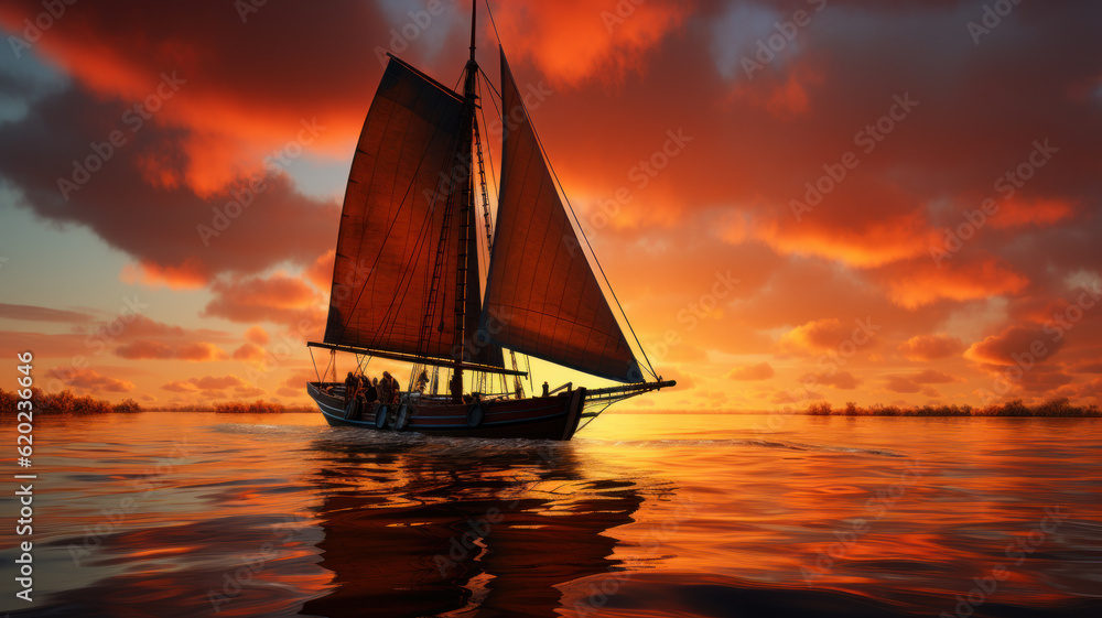 Canvas Prints sailboat on sea at red sunset