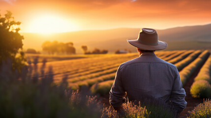 farmer on vineyard fields at sunset. agriculture and farming