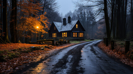 road to mysterious house illuminated at night