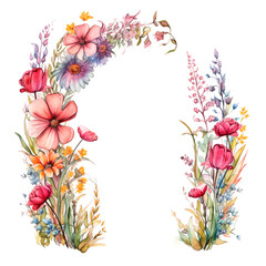 Oval-shaped wildflower frame. Watercolor floral wreath made of summer colorful flowers and green leave. Card with space for text. - 620237251