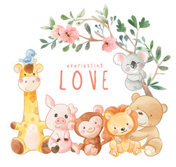 Naklejka premium cute lovely group of animals and colorful flowers branches illustration