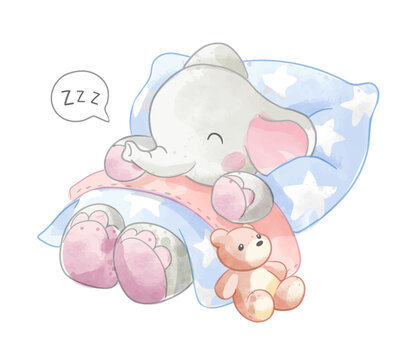 cute elephant sleeping with toy cartoon illustration