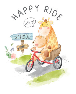happy ride with cartoon animal riding tricycle illustration