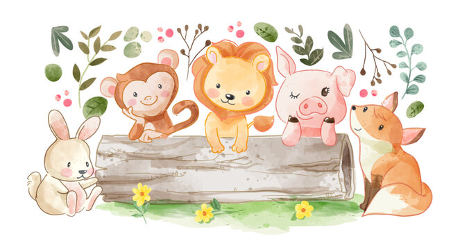 a group of wild animal and tree stump cartoon illustration