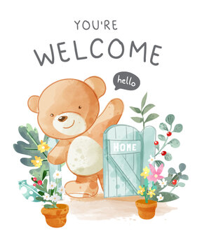 welcome slogan with cute cartoon bear with flower illustration