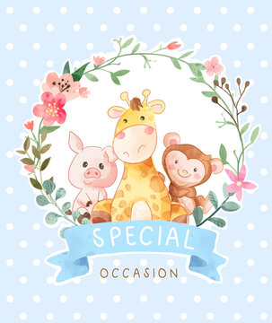 cute cartoon animals in floral wreath frame illustration
