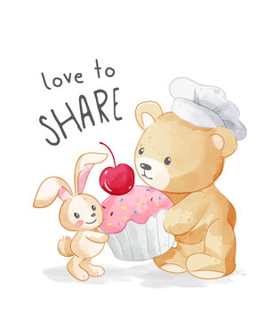 cute cartoon animal sharing dessert illustration