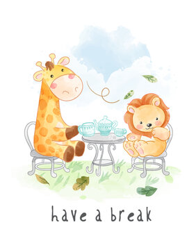 cute animal friends having afternoon tea illustration