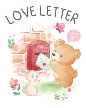 love letter and cute bear cartoon illustration