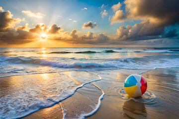 Stunning plastic ball on the beach, waves sea sweep the beach, remembrance awesome vacation