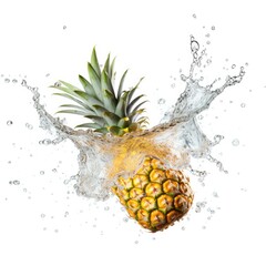 Fresh pineapple in water splash on white backround. Generative AI