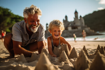Fototapeta na wymiar Memories in the Sand: Grandparent and Child Create Joyful Sandcastles on a Seaside Holiday, Filled with Love and Laughter 